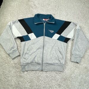 Vintage Pony Colorblock Knit Zip Up Jacket Gray Teal Black sweatshirt knit med